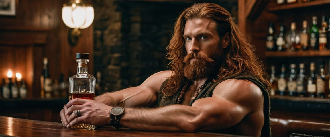 An illustration of a muscular Scotsman having a drink of whiskey at the local tavern.